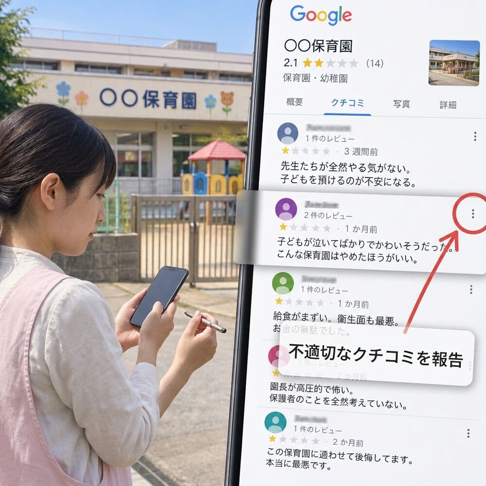 園への低評価の口コミを確認する職員
