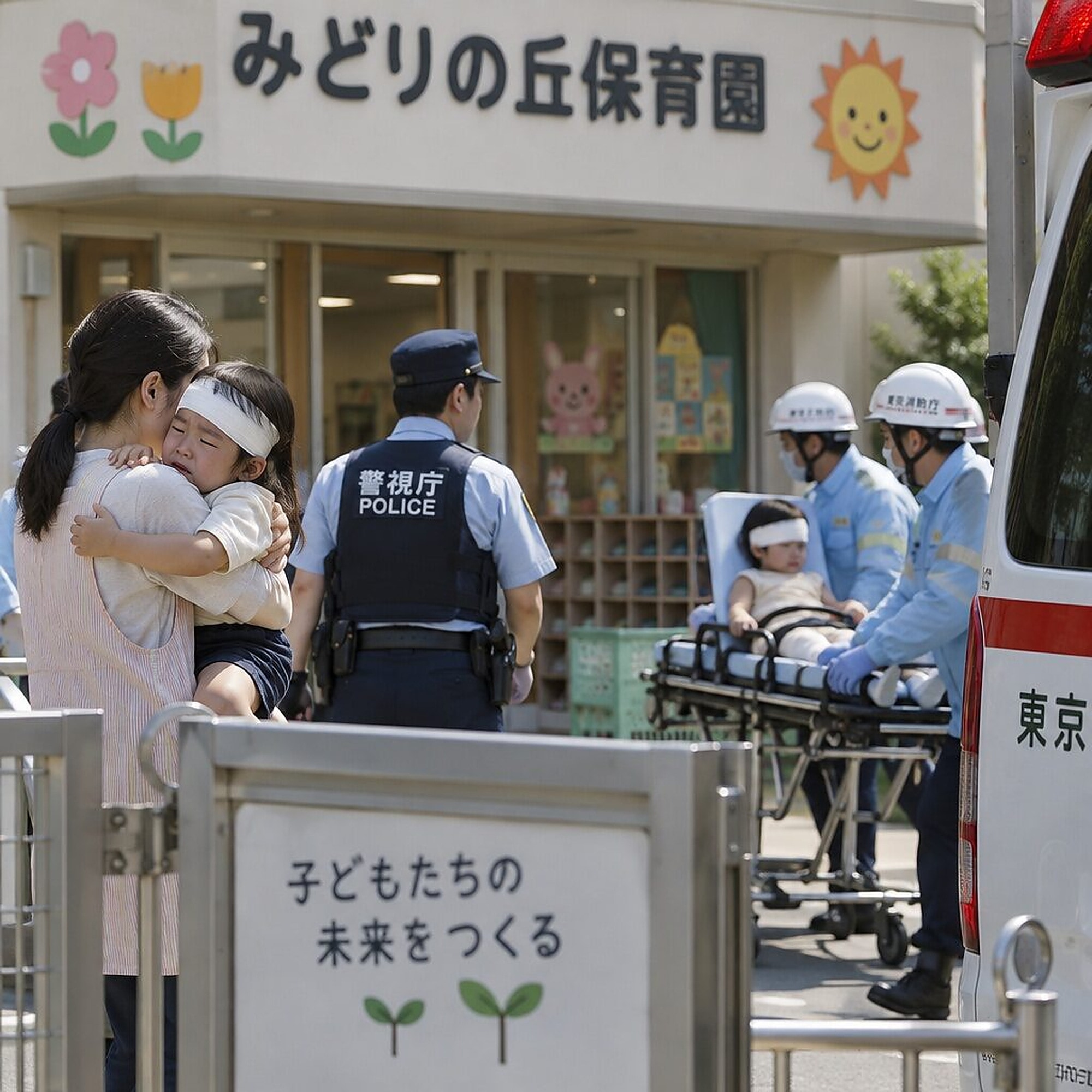 園での事故対応の場面(救急隊員・警察官・保護者)