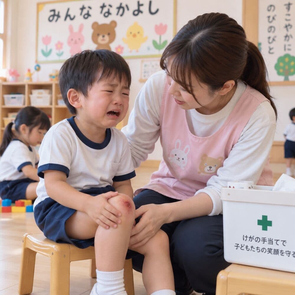 転んで膝をすりむいた園児を手当てする保育士