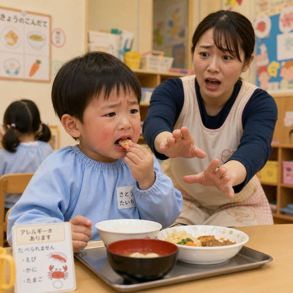 アレルギーのある食材を口にした園児と、慌てて駆け寄る保育士